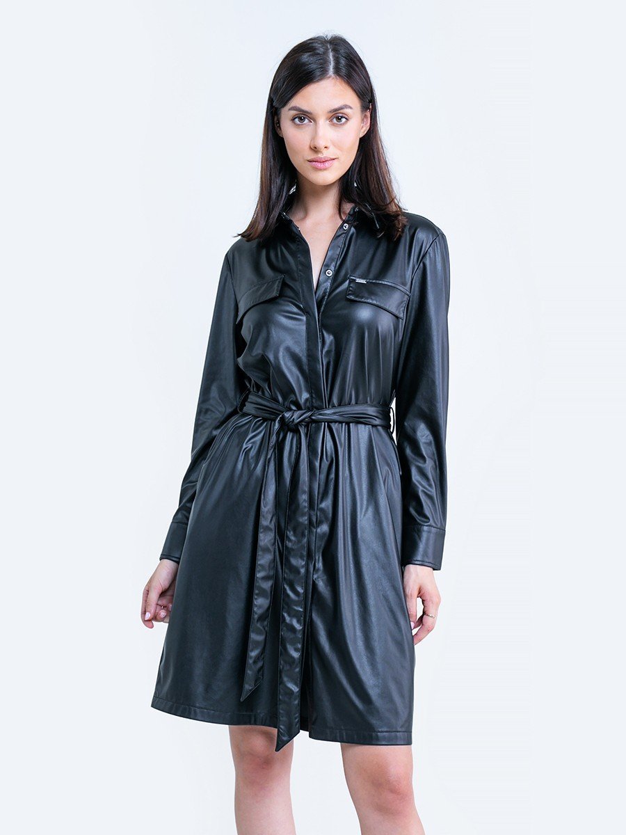 Sukienka damska z imitacji skóry czarna Camilla 906 BIG STAR