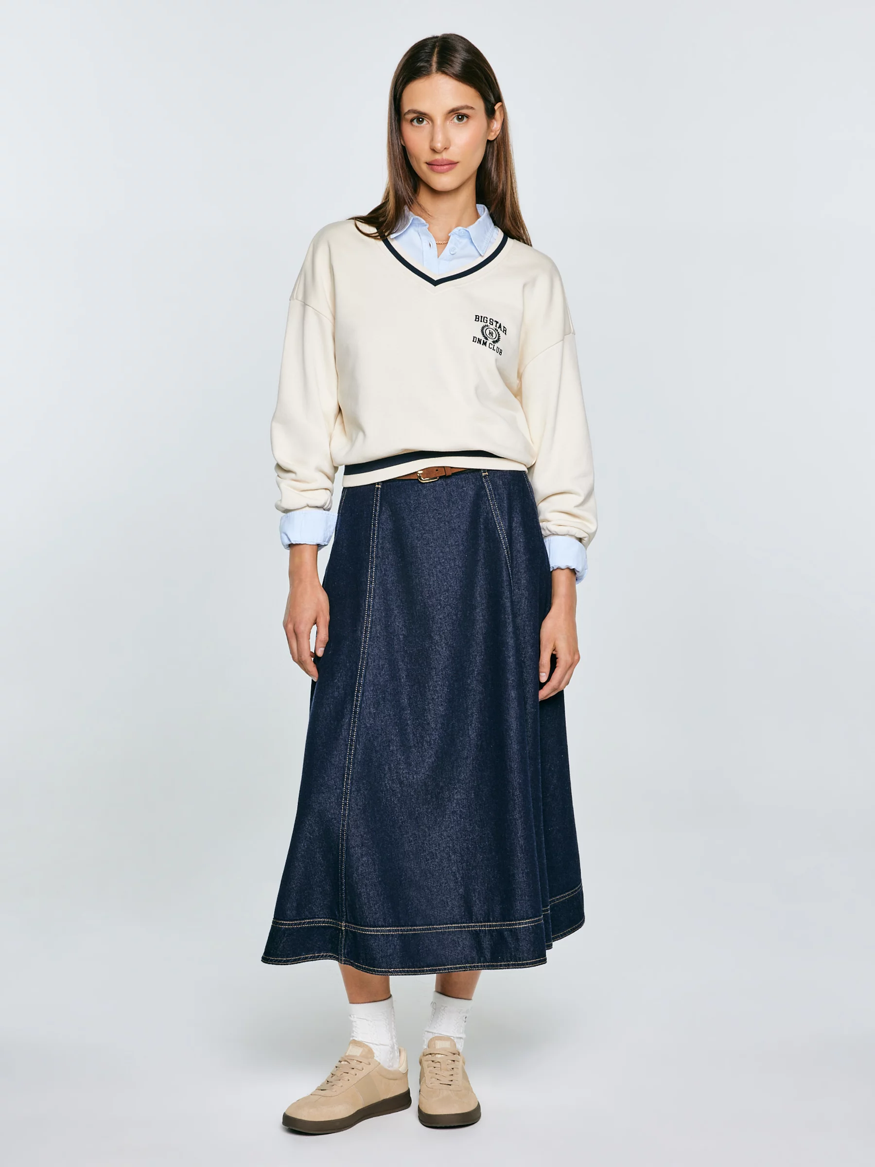 Spódnica damska midi jeansowa rozkloszowana granatowa Scarlet 652