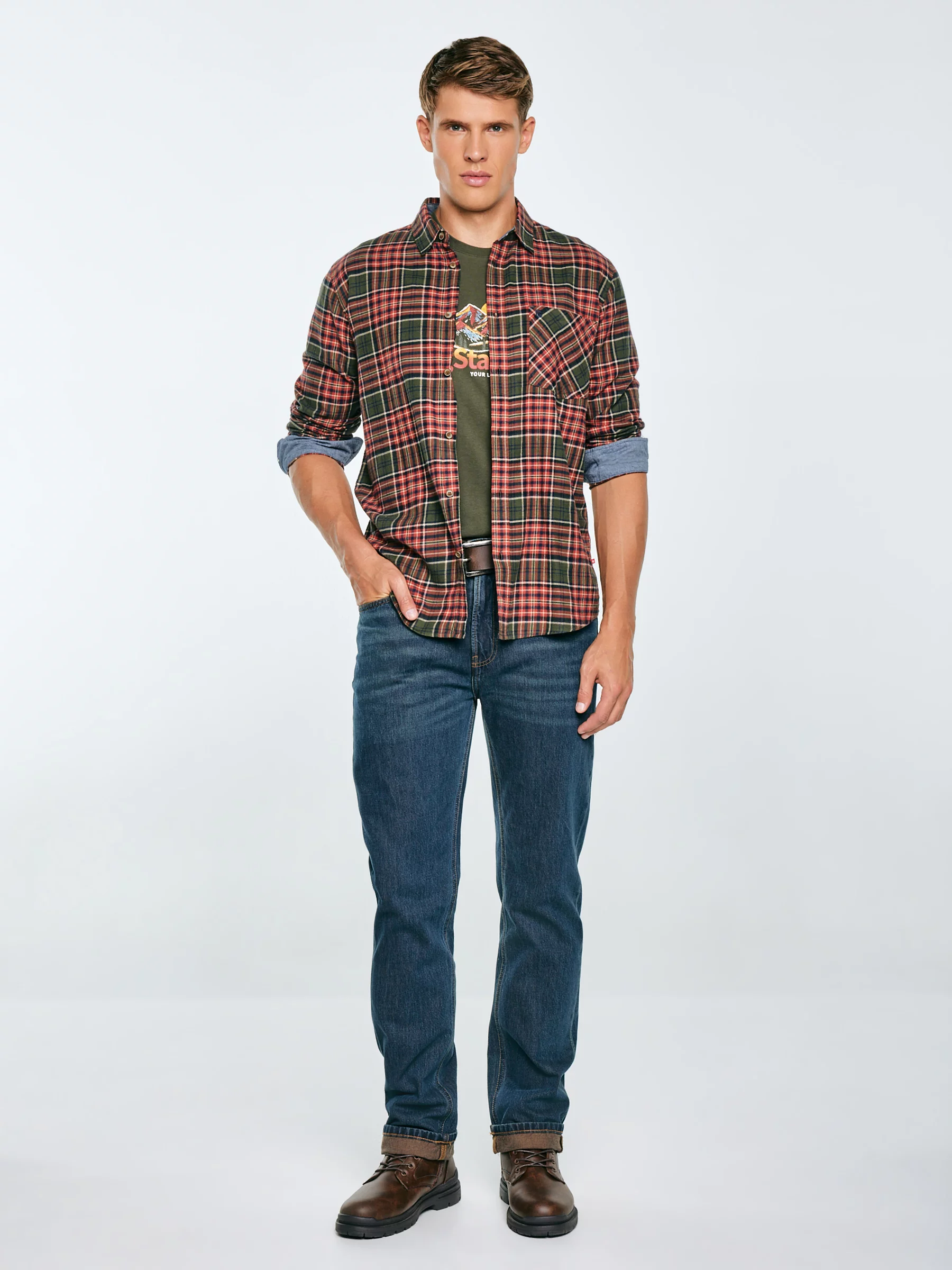 Koszula męska flanelowa w kratę bordowo-khaki Koner 303