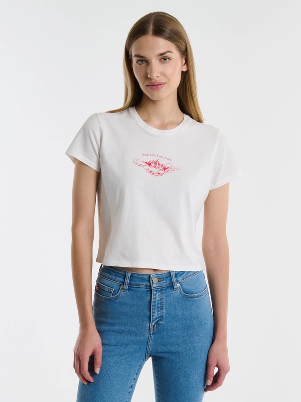 Krótka koszulka damska z nadrukiem biała Nottasa 100