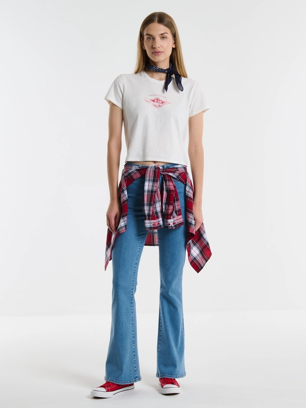 Krótka koszulka damska z nadrukiem biała Nottasa 100