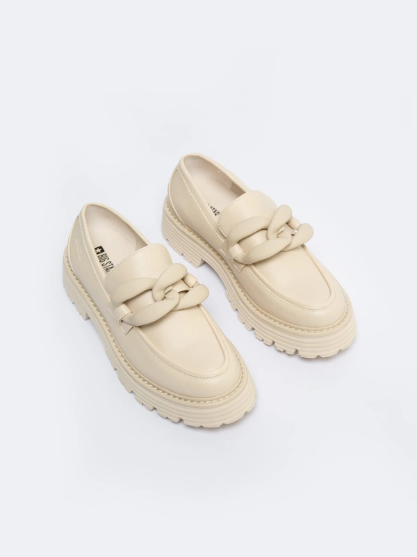 Mokasyny damskie z ozdobnym łańcuchem beżowe LL274581 801