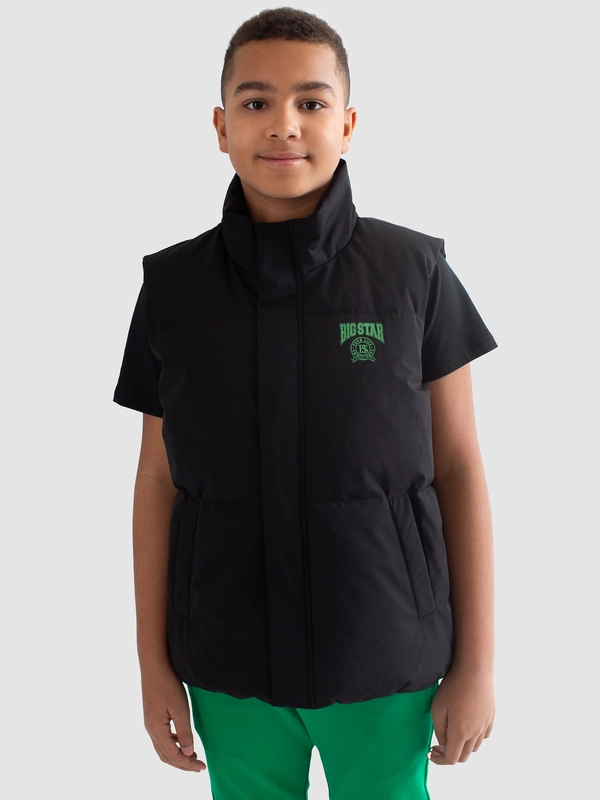 Kamizelka chłopięca pikowana z niewielkim nadrukiem na piersi czarna Tiger 906