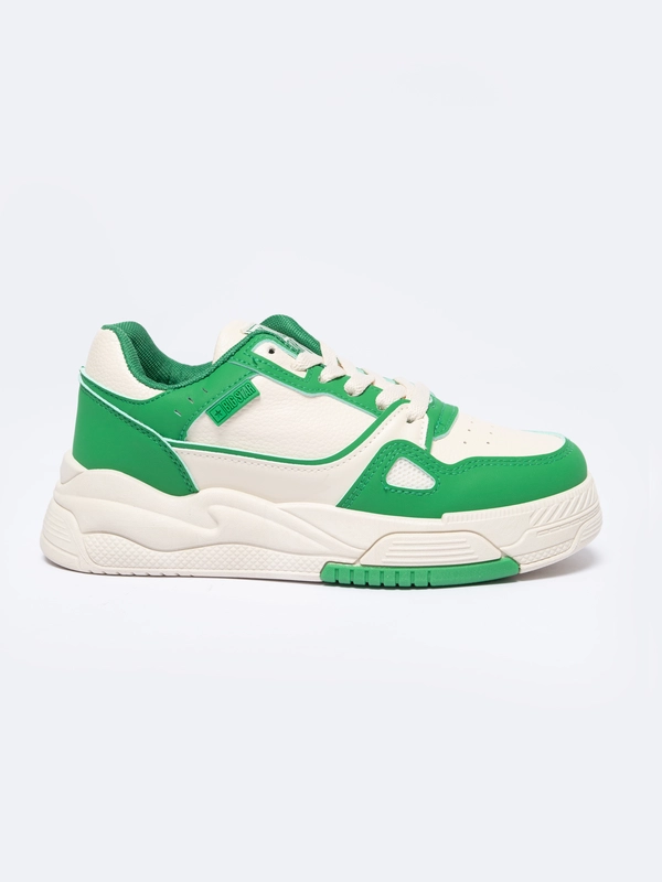 お待たせ! Beżowe sneakersy damskie sportowe z zielonymi wstawkami アート/エンタメ/ホビー