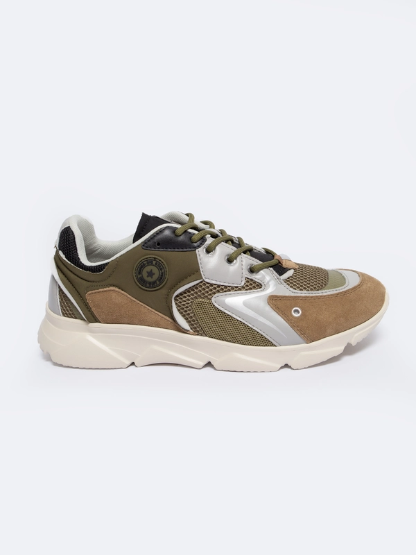 Sneakersy męskie z zamszowymi wstawkami khaki NN174294 303 - Kolor
