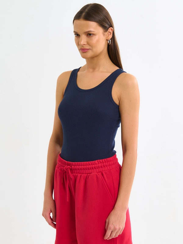 Koszulka damska na ramiączkach prążkowana granatowa Aurela 403