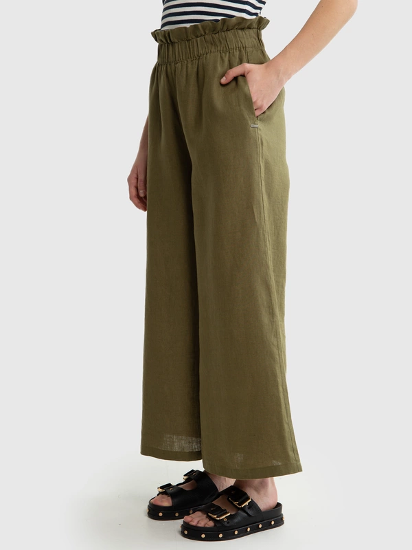 Spodnie damskie lniane z szeroką nogawką paperbag khaki Dorona 303