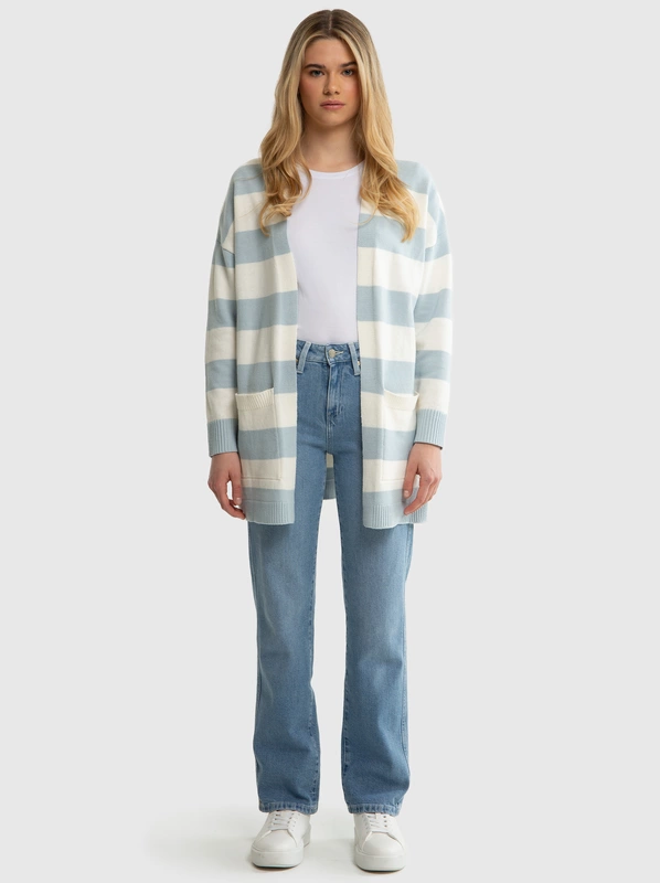 Sweter kardigan damski z kieszeniami w niebiesko-białe pasy Marilla 400