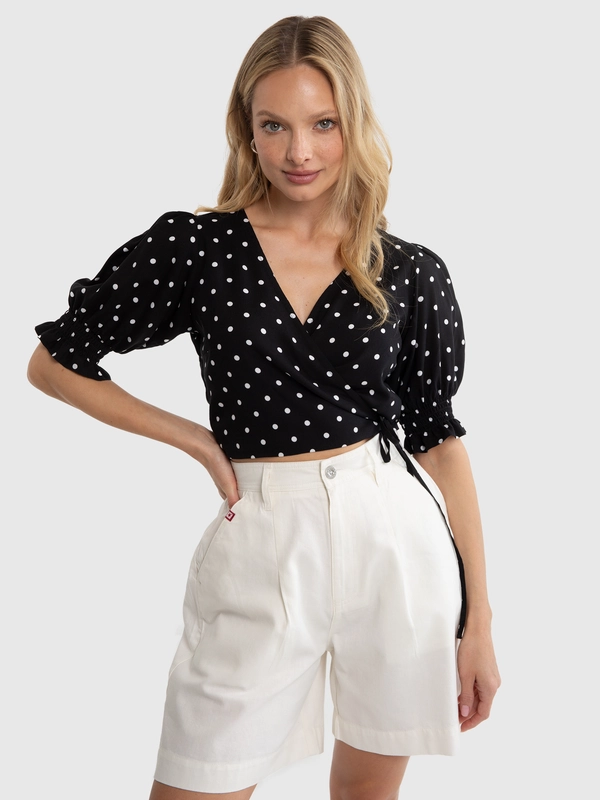 Bluzka damska z wiskozy o krótkim kroju w kropki czarna Tigola 906
