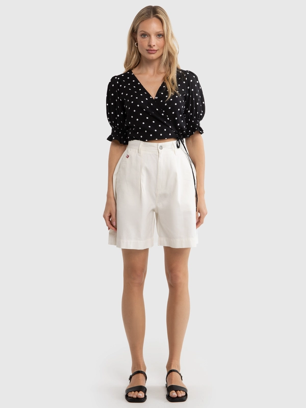 Bluzka damska z wiskozy o krótkim kroju w kropki czarna Tigola 906