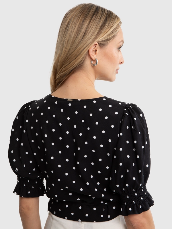 Bluzka damska z wiskozy o krótkim kroju w kropki czarna Tigola 906