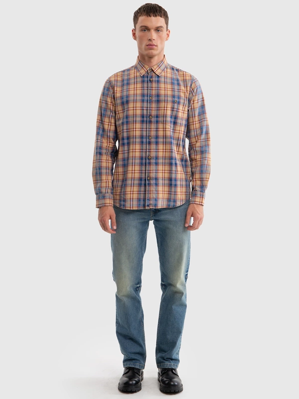 Koszula męska bawełniana w kratę granatowo-pomarańczową Indigis 402
