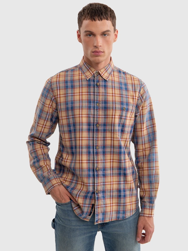 Koszula męska bawełniana w kratę granatowo-pomarańczową Indigis 402