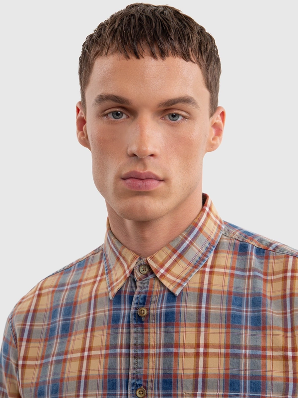 Koszula męska bawełniana w kratę granatowo-pomarańczową Indigis 402