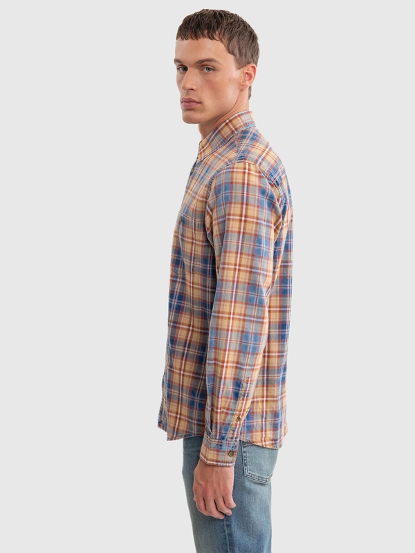 Koszula męska bawełniana w kratę granatowo-pomarańczową Indigis 402