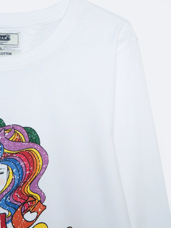 Bluzka dziewczęca longsleeve z kolorowym nadrukiem biała Alicja 101