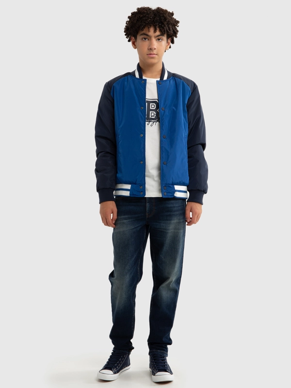 Kurtka chłopięca bomberka w stylu collegowym niebiesko-czarna Kinley 402