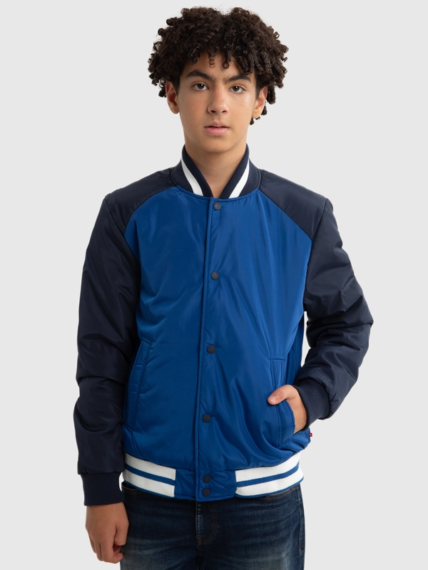 Kurtka chłopięca bomberka w stylu collegowym niebiesko-czarna Kinley 402