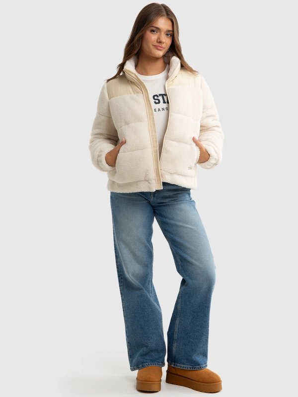 Kurtka dziewczęca z wysokim kołnierzem kremowa Teddi 103