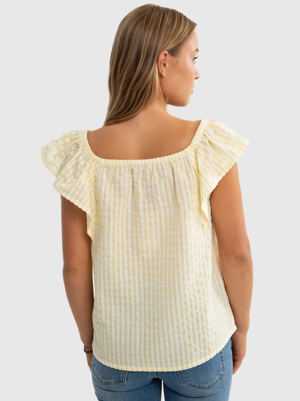 Bluzka dziewczęca ze strukturalnej tkaniny w kratkę żółta Kinga 200