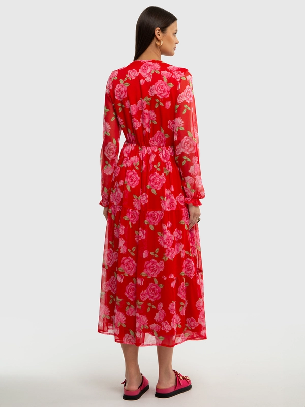 Sukienka damska midi z motywem kwiatowym czerwona Malini 603