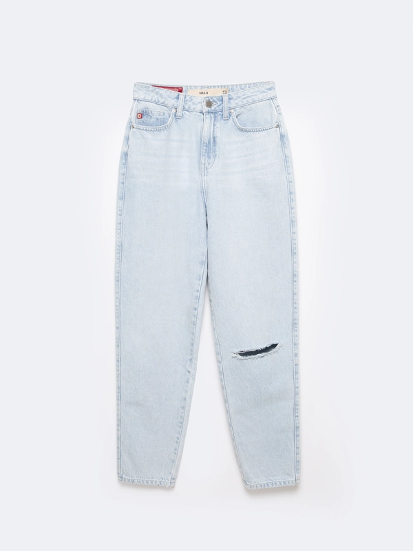 Jeansy damskie mom jeans z rozcięciem jasnoniebieskie Silla 122