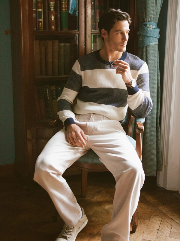 Sweter męski bawełniany w pasy beżowo-szare Pasador 000