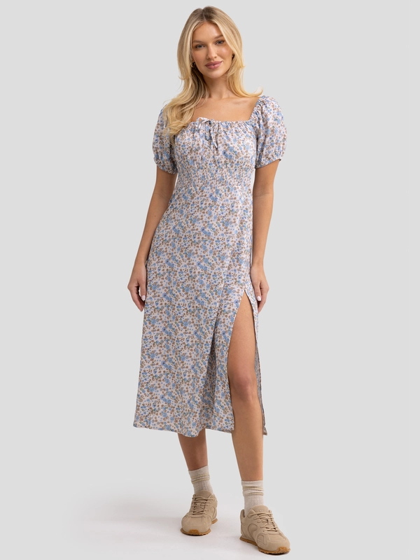 Sukienka damska midi z wiskozy z motywem kwiatowym niebieska Sotiki 000