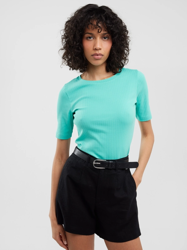 Koszulka damska slim w prążek turkusowa Alessa 302