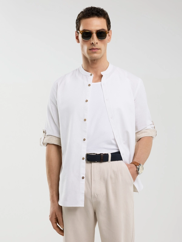 Lniana koszula męska slim na stójce biała Janew 101