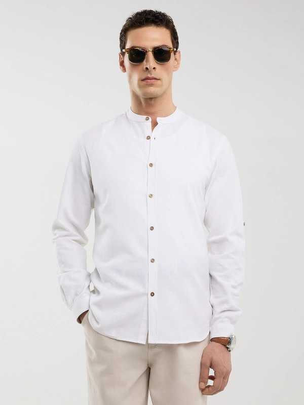 Lniana koszula męska slim na stójce biała Janew 101