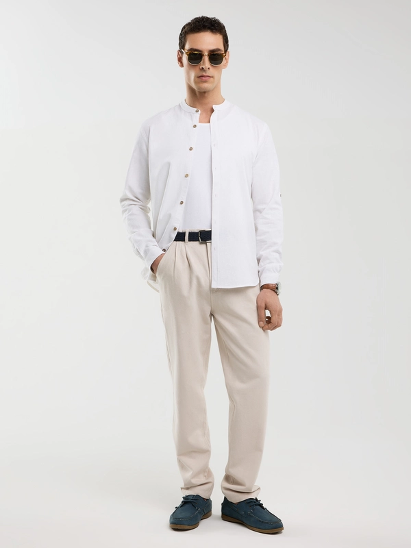 Lniana koszula męska slim na stójce biała Janew 101