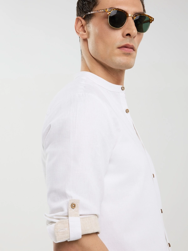 Lniana koszula męska slim na stójce biała Janew 101