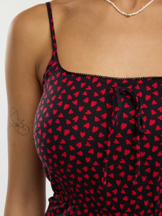 Sukienka damska midi z wiskozy na ramiączkach w serduszka czarna Frema 906