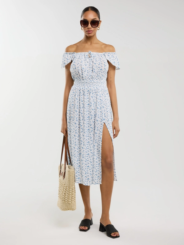 Sukienka damska midi z wiskozy z motywem kwiatowym biała Lopa 100