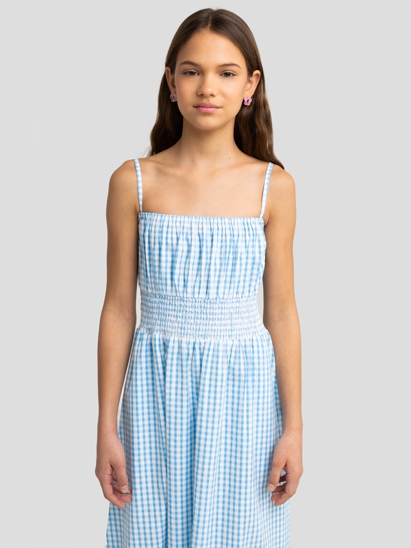 Sukienka dziewczęca maxi na ramiączkach w kratkę niebieska Mircela 401