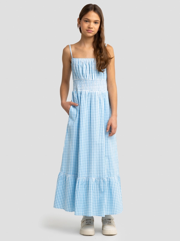 Sukienka dziewczęca maxi na ramiączkach w kratkę niebieska Mircela 401