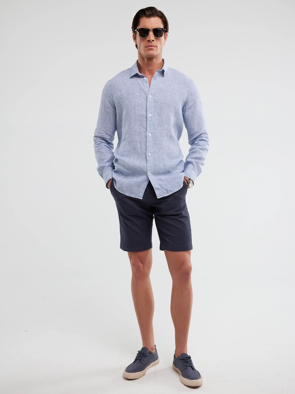 Lniana koszula męska w prążek niebieska Malekiwo 402