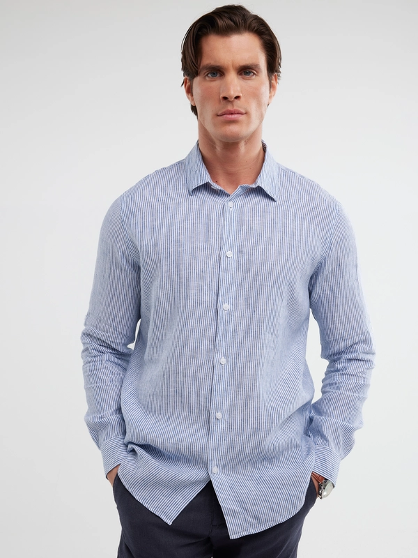 Lniana koszula męska w prążek niebieska Malekiwo 402