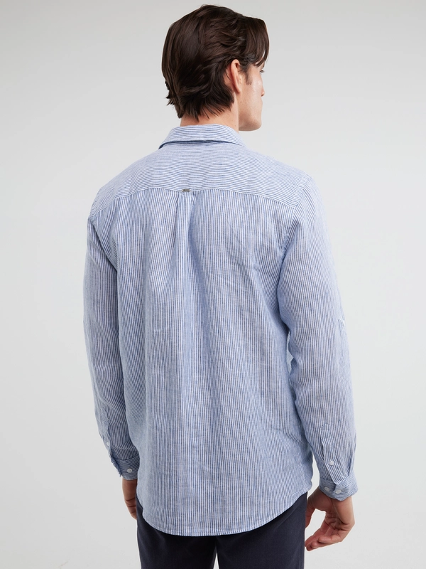 Lniana koszula męska w prążek niebieska Malekiwo 402
