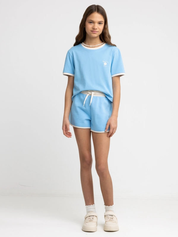 Szorty dziewczęce dresowe wykończone białą lamówką niebieskie Esterash 401