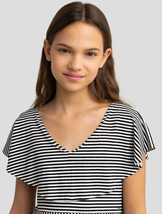 Sukienka dziewczęca z wiskozy z ozdobnym kołnierzem w paski biało-czarna Nolia 000