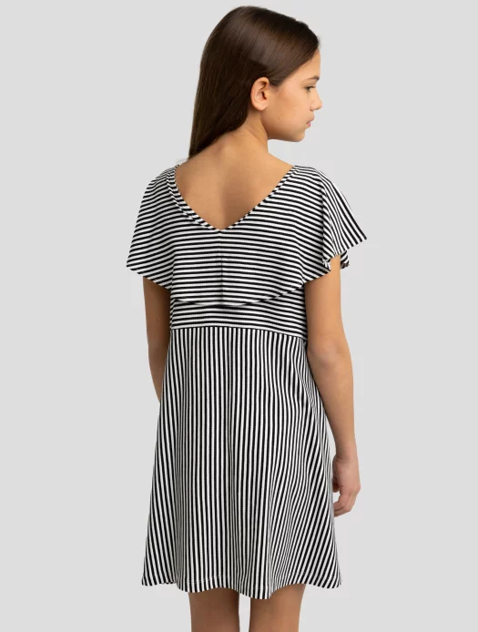 Sukienka dziewczęca z wiskozy z ozdobnym kołnierzem w paski biało-czarna Nolia 000