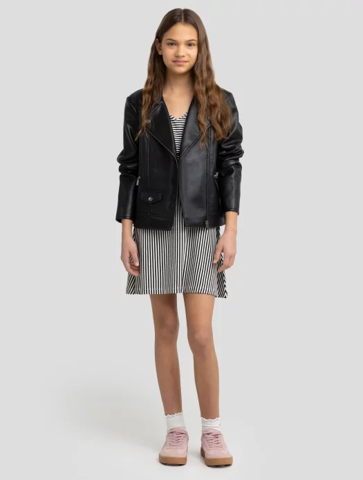 Sukienka dziewczęca z wiskozy z ozdobnym kołnierzem w paski biało-czarna Nolia 000