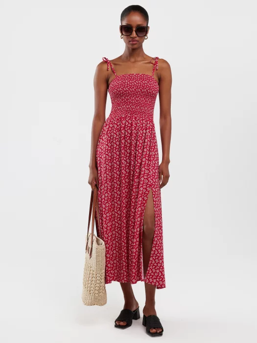 Sukienka damska midi z wiskozy na ramiączkach z motywem kwiatowym czerwona Lamboni 603