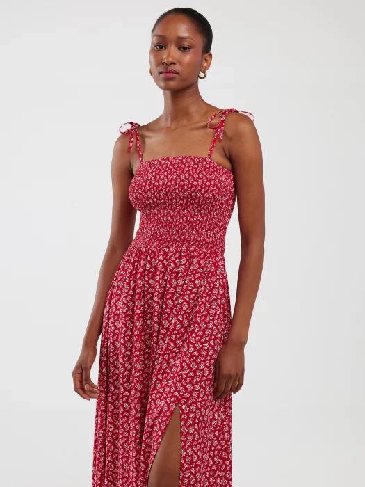 Sukienka damska midi z wiskozy na ramiączkach z motywem kwiatowym czerwona Lamboni 603