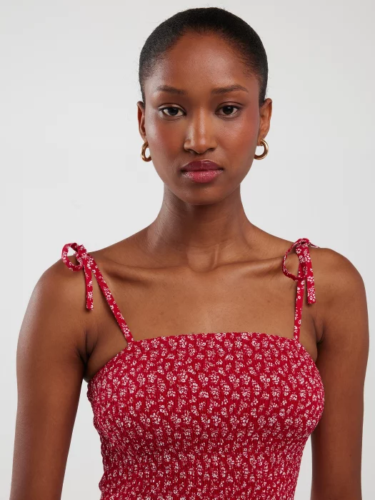 Sukienka damska midi z wiskozy na ramiączkach z motywem kwiatowym czerwona Lamboni 603