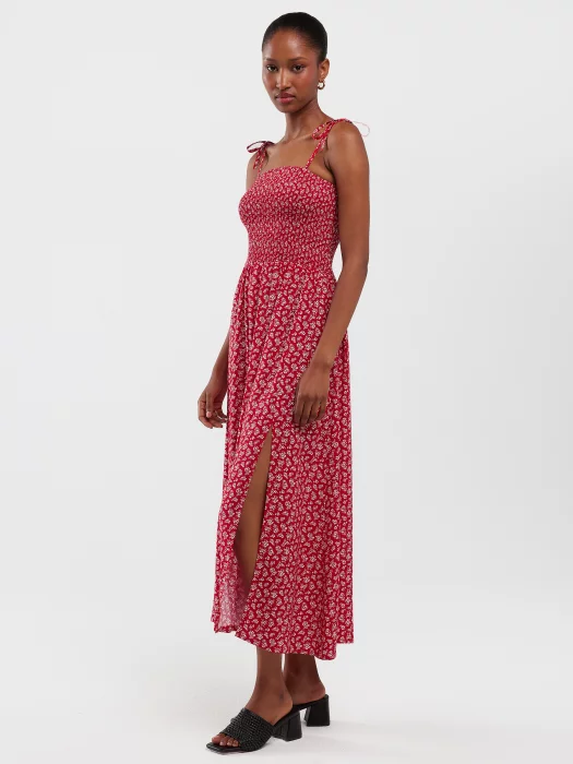 Sukienka damska midi z wiskozy na ramiączkach z motywem kwiatowym czerwona Lamboni 603