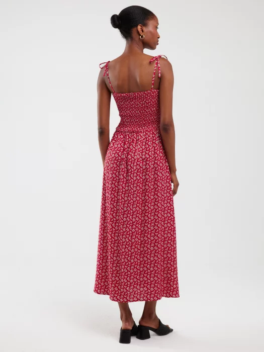 Sukienka damska midi z wiskozy na ramiączkach z motywem kwiatowym czerwona Lamboni 603