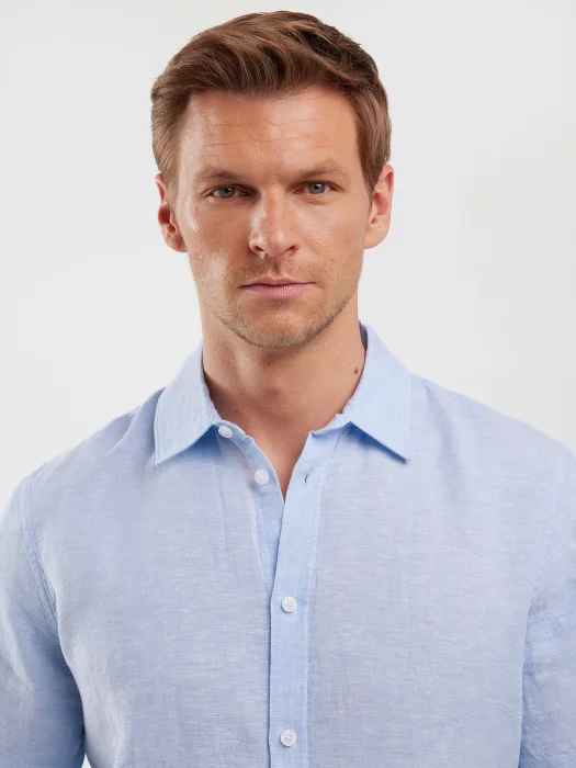 Lniana koszula męska z krótkim rękawem błękitna Linerso 400